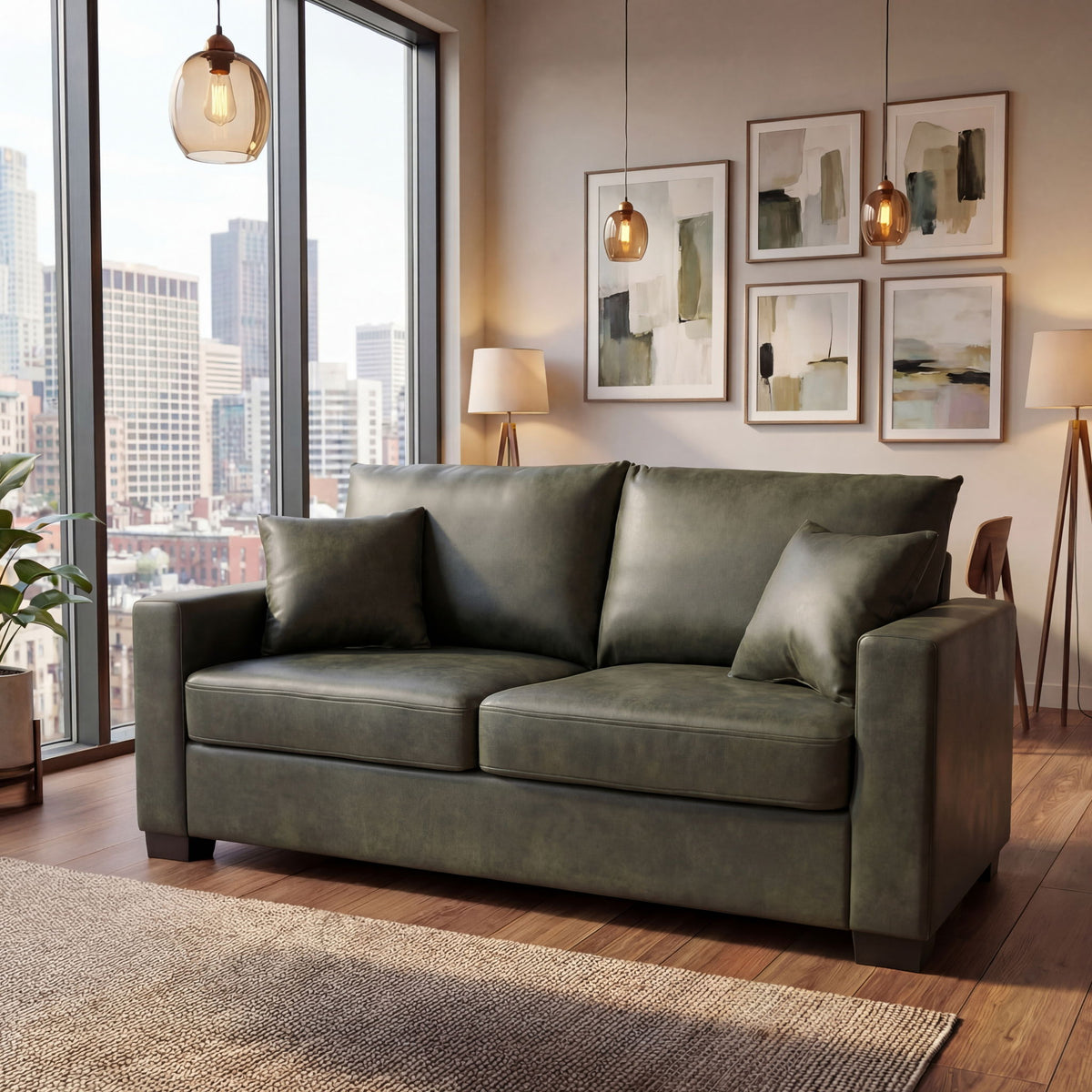 2 Seater Sofa, 2 Throw Pillows For Living Room - Olive Green