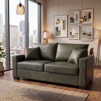 2 Seater Sofa, 2 Throw Pillows For Living Room - Olive Green