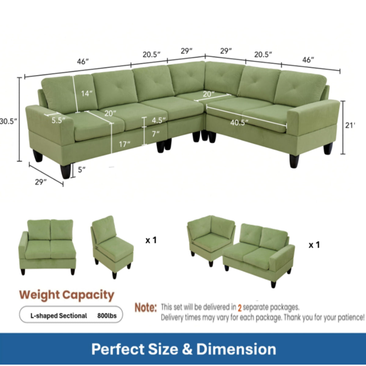 Modular L - Shaped Sectional Sofa, 6 Seater, 4 Piece Couch With Chaise - Green
