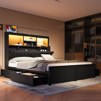 Queen Bed Frame With High Storage Headboard, LED Light And Charging Station, 4 Storage Drawers - Black