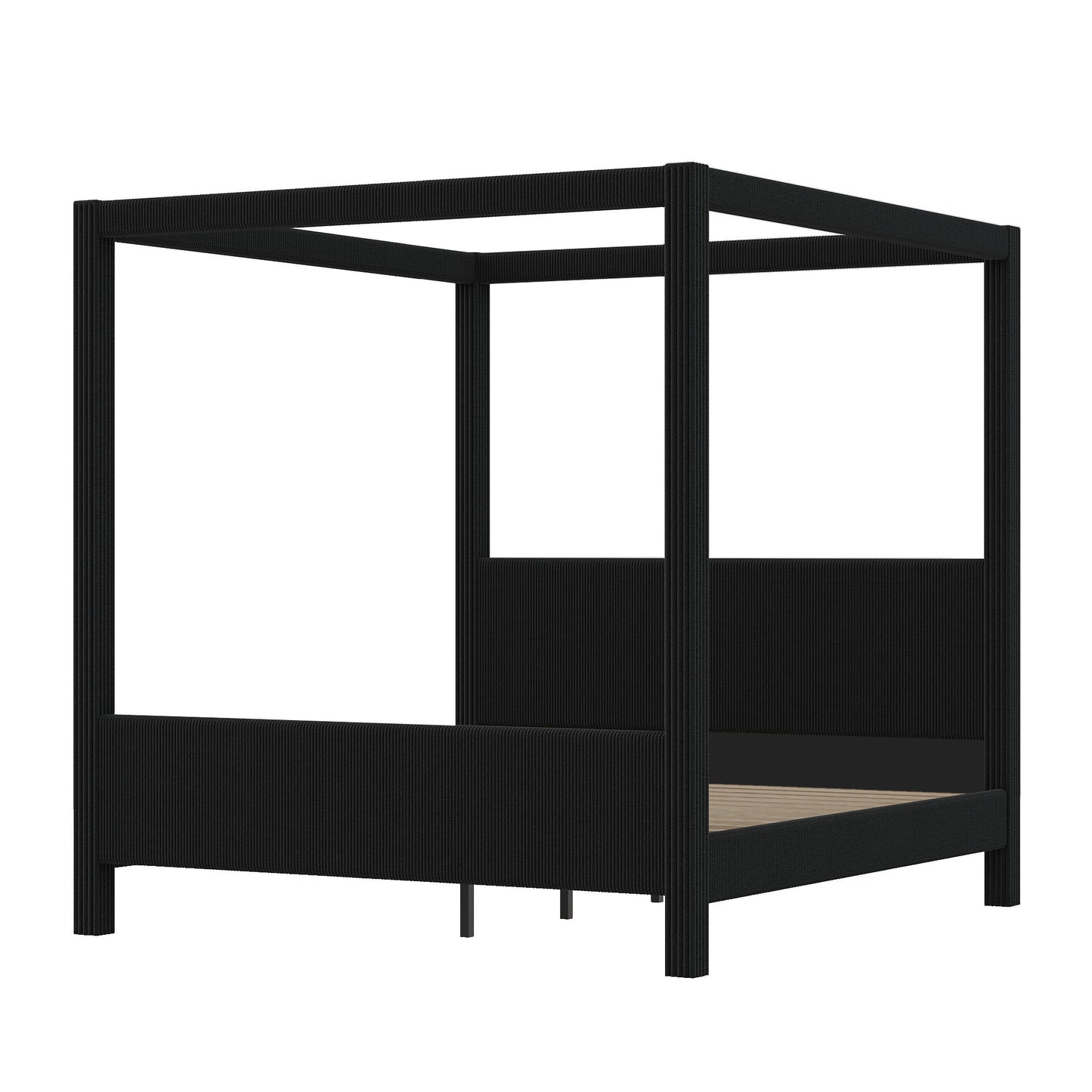 Upholstered Canopy Platform Bed With Headboard And Footboard, Vertical Ribbed Design