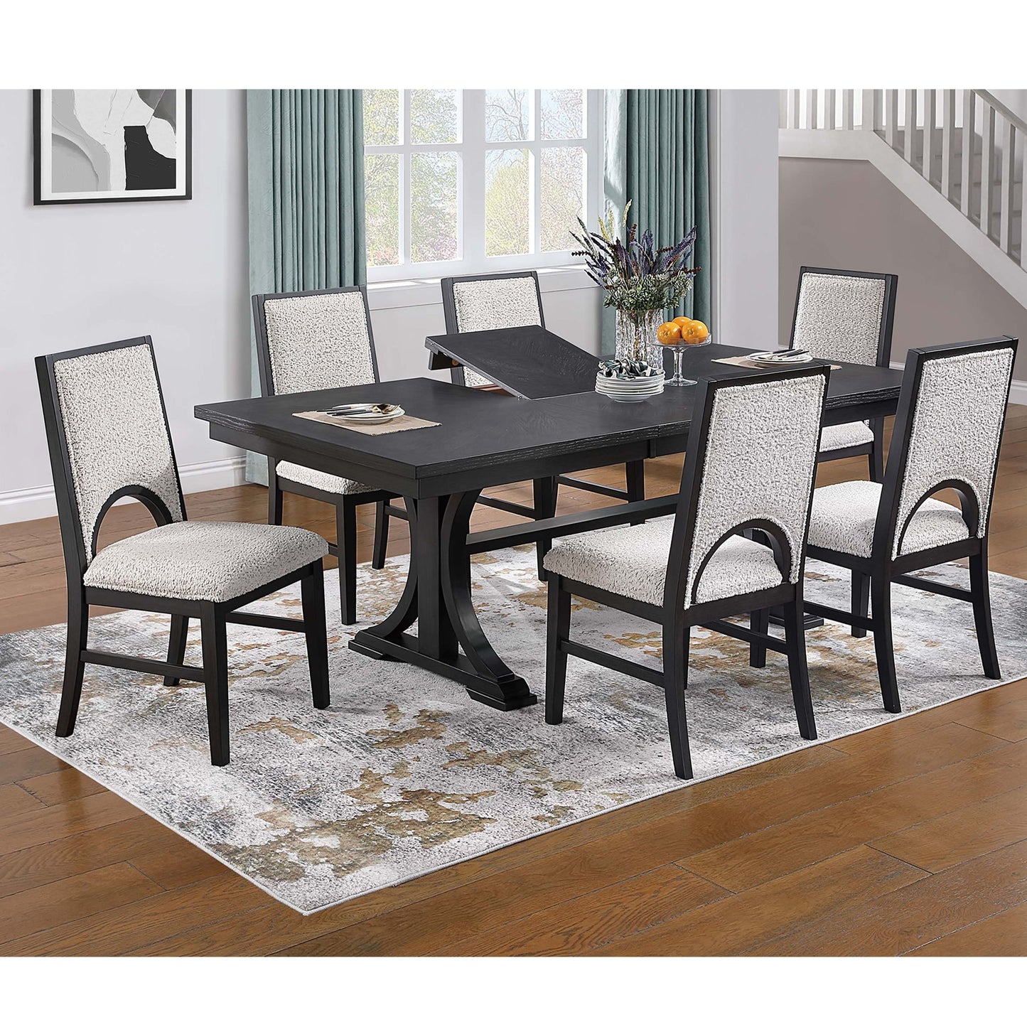 7 Piece Set, Trestle Dining Table And 6 Side Chairs With Cutout Back - Black / Charcoal / White