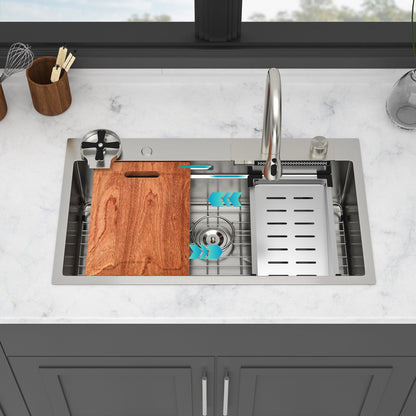 33" Stainless Steel Single Bowl Kitchen Sink With Waterfall Flow