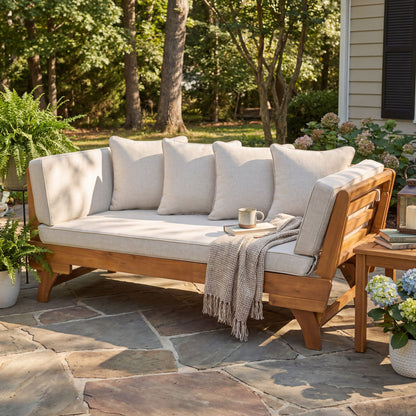 Outdoor Patio Daybed Sofa With Foldable Arm, 3 Seat With 4 Back Pillows - Beige / Teak