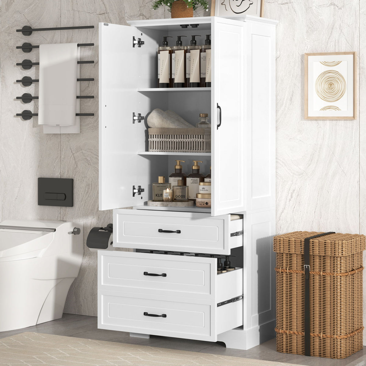 Tall Bathroom Storage Cabinet With 2 Doors And Drawers, Adjustable Shelf - White