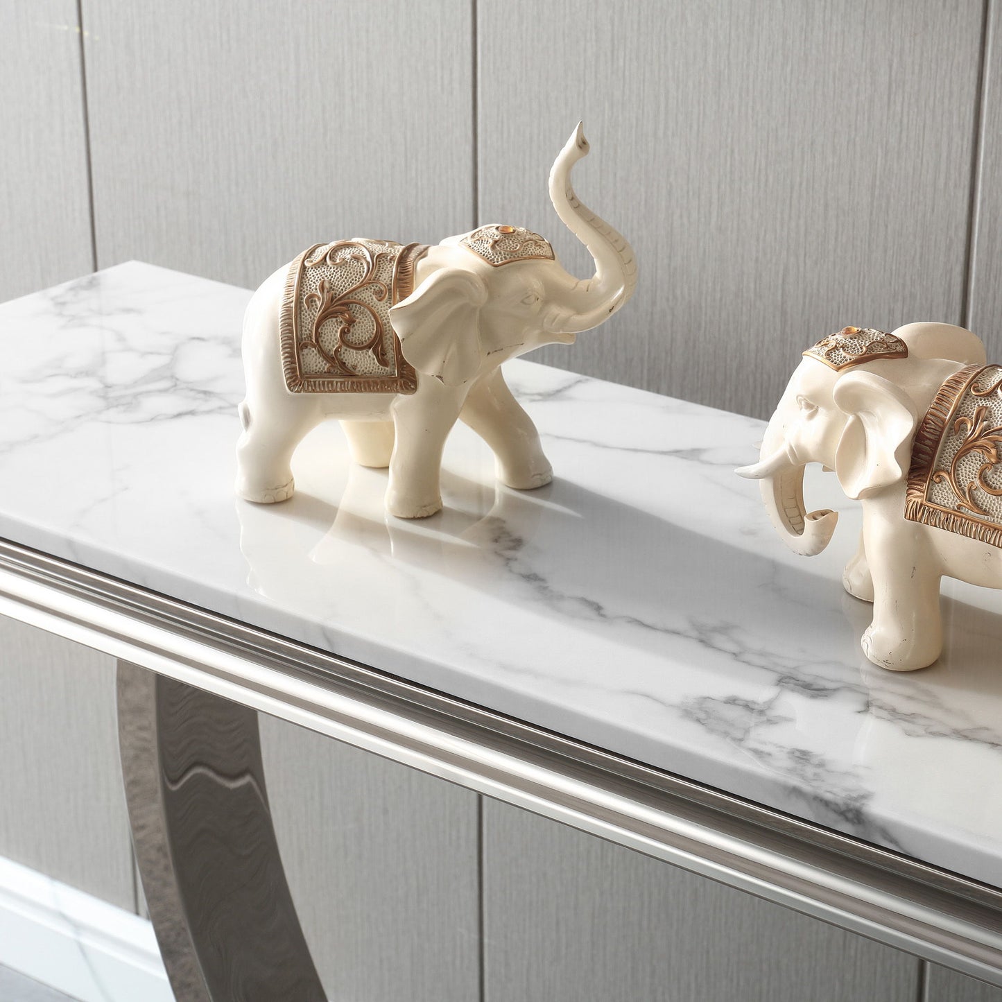 Modern Rectangular Marble Printing Console Table, U Shape Stainless Steel Base With Mirrored Finish