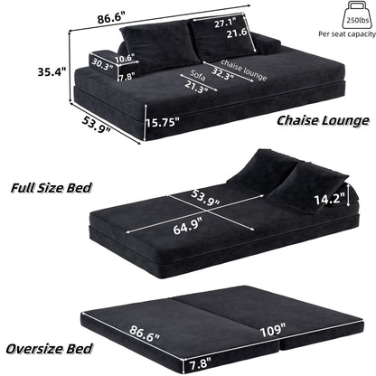 Multifunctional Convertible Sofa Bed With 2 Tumbler Backrests And 2 Pillows, Deep Seat Couch