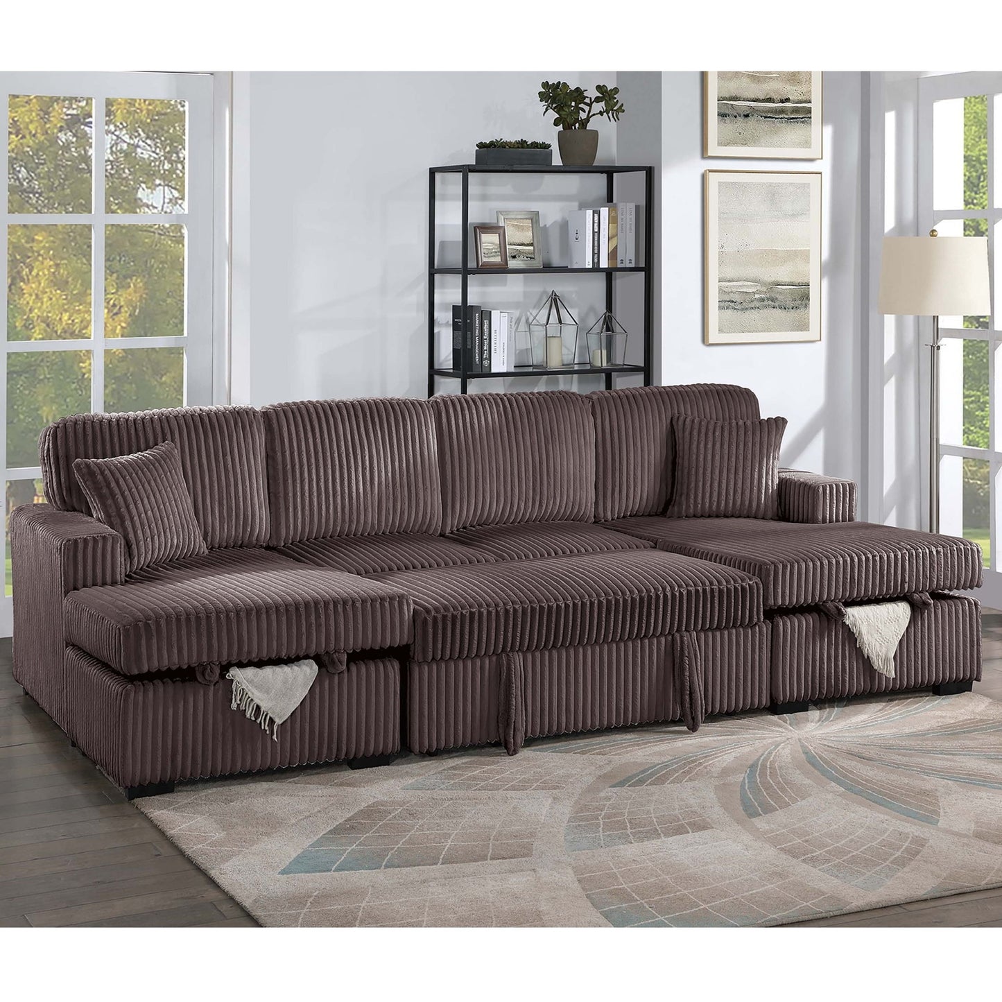 Convertible Sectional, Storage Chaises, Pull Out Middle Section - Chocolate