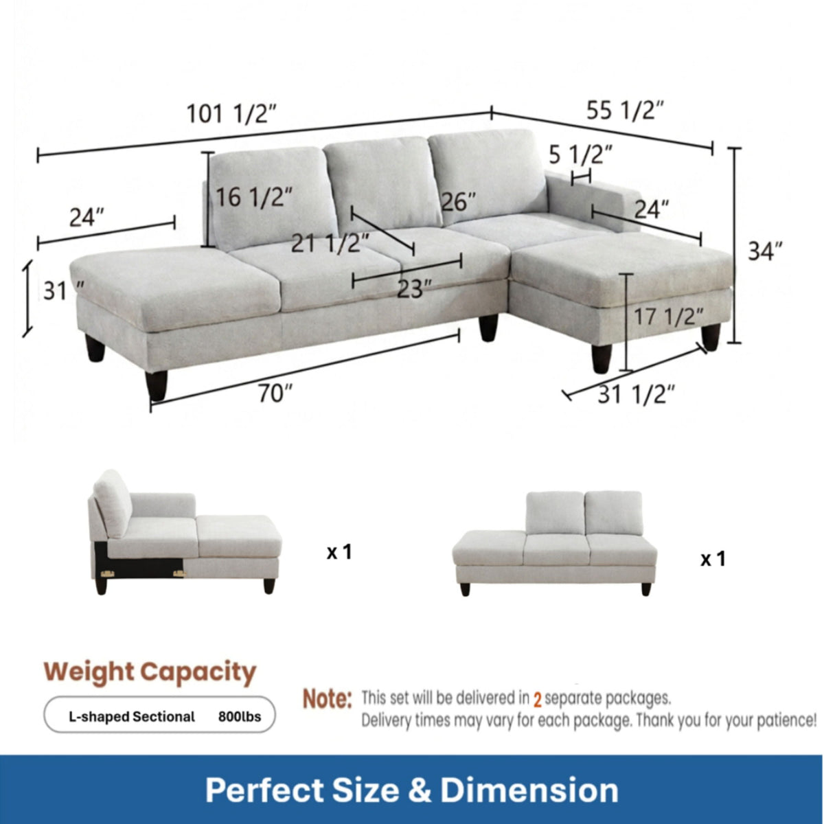 L - Shaped Sectional Sofa With Chaise & Ottoman