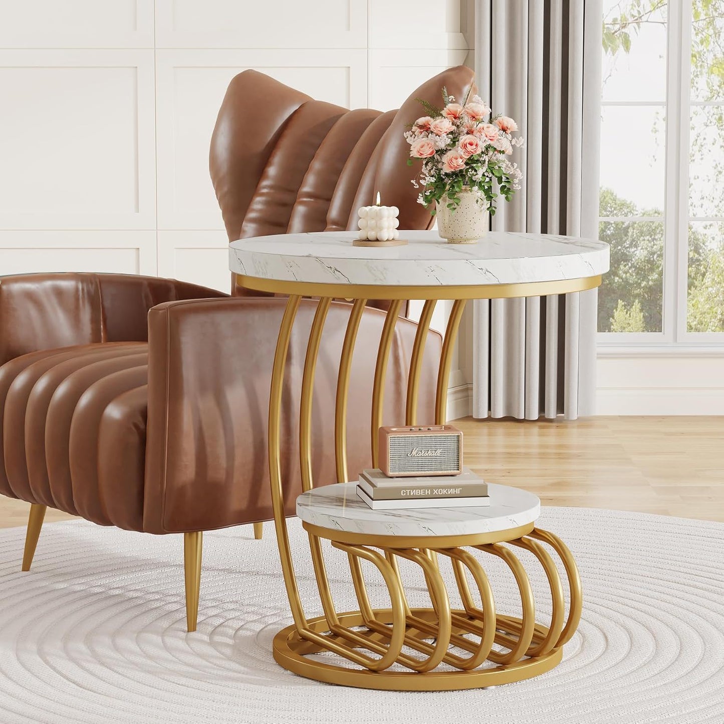 Round Vintage End Table With 2 Tier Storage