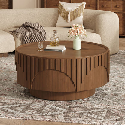 Round Fluted Drum Coffee Table With Sturdy Base For Living Room