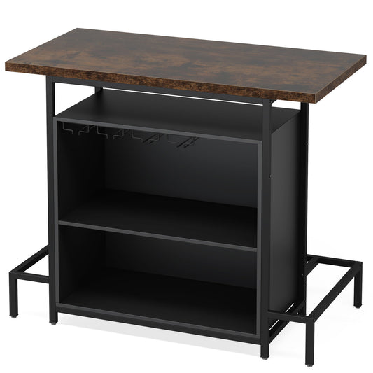 Home Bar Cabinet With 3 Tier Storage & 4 Wine Glass Racks - Brown / Black
