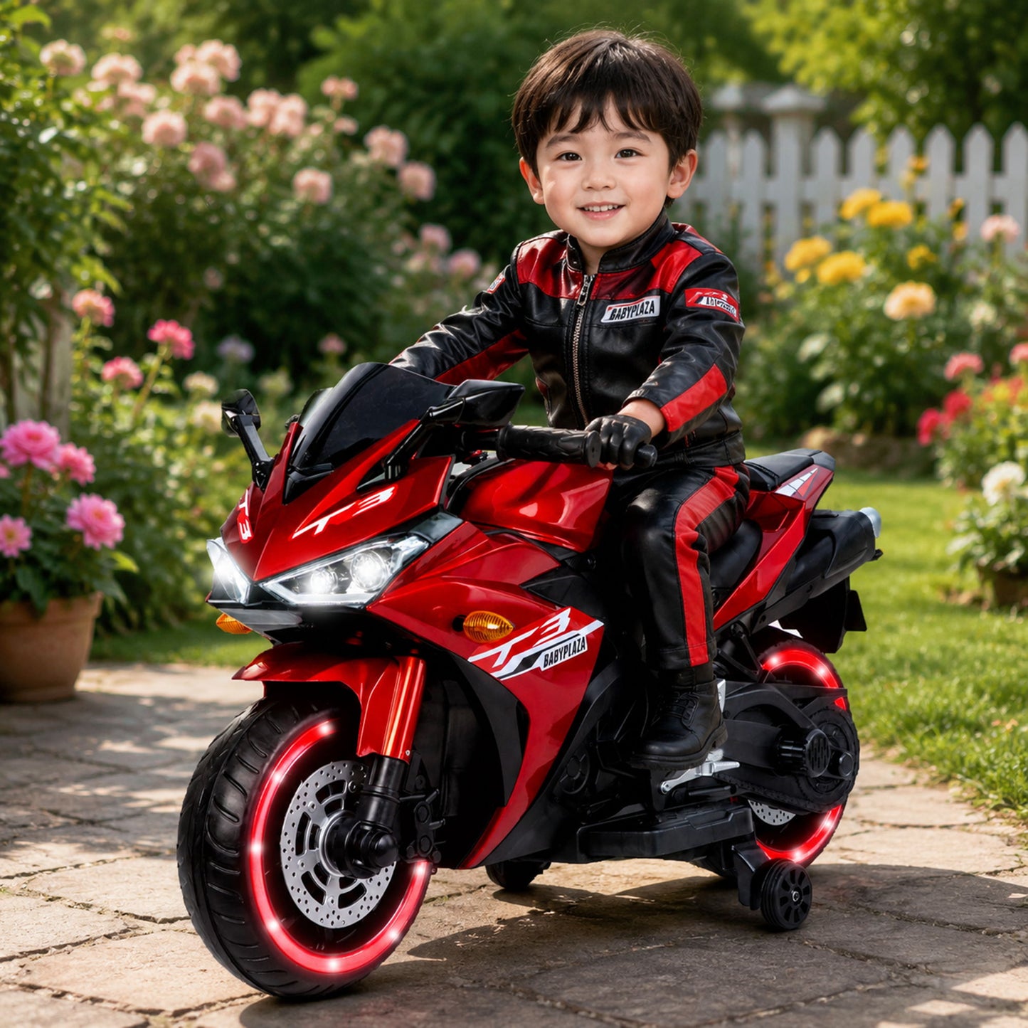 Kids 12V Motorcycle With Training Wheels, Manual Throttle, And Lighting Wheels For Boys And Girls Ages 3-6 - Red