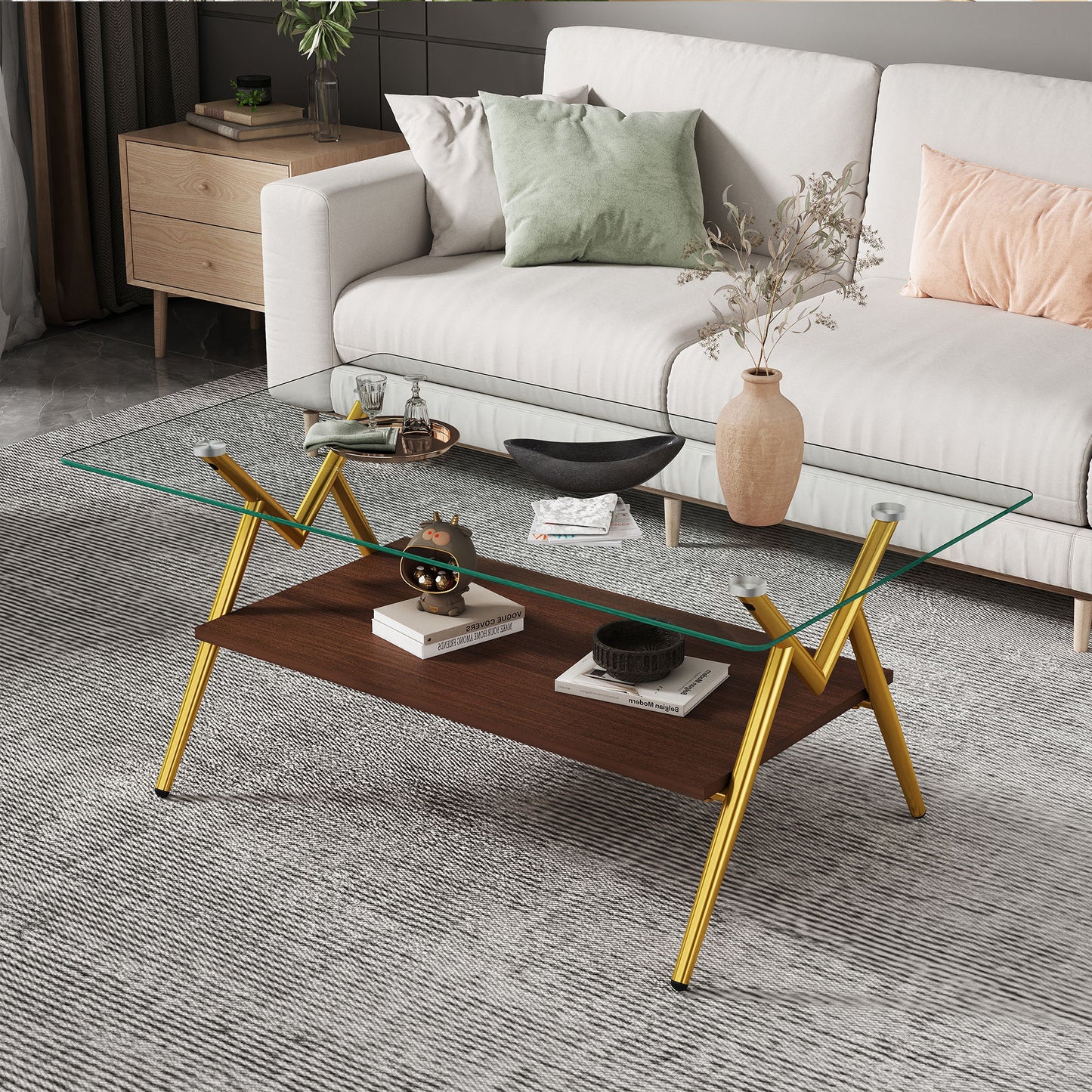 Rectangle Coffee Table With Tempered Glass Top And Shelf