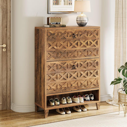 Narrow Shoe Cabinet With 2 Flip Drawers For Entryway Organizer - Rustic Brown