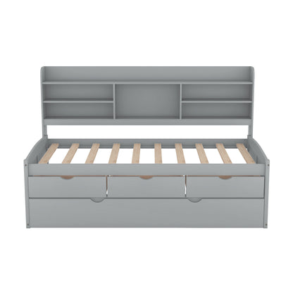 Captain Bed With Built In Bookshelves, 3 Storage Drawers, And Trundle