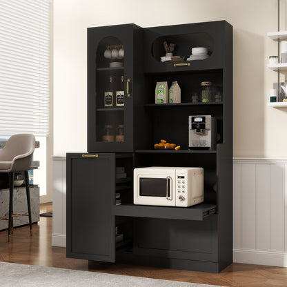 Tall Freestanding Kitchen Pantry Cabinet With Arched Glass Door