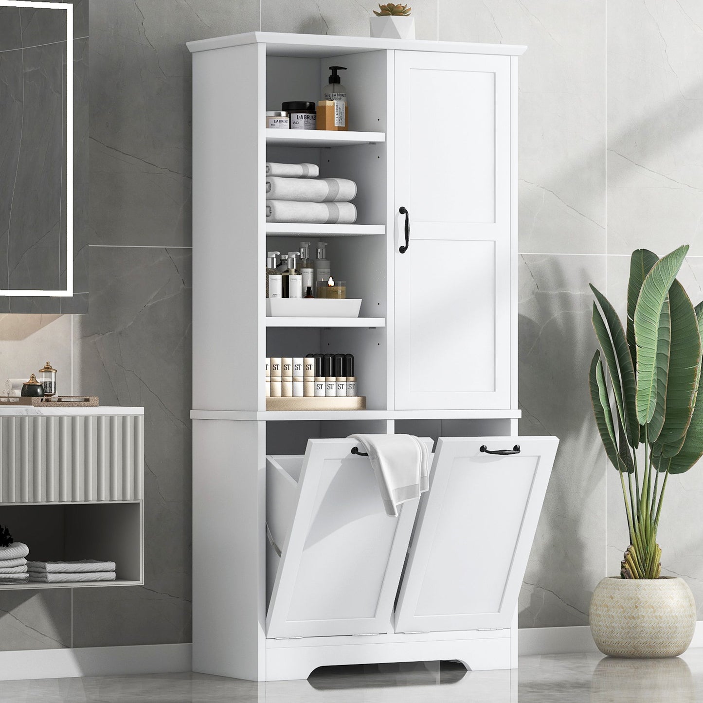 Freestanding Bathroom Storage Cabinet With Doors And Drawers, Adjustable Shelves, Tilt-Out Laundry Hamper