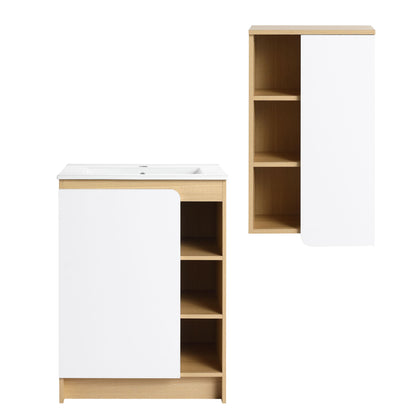 24" Bathroom Vanity With Sink & Wall Mounted Side Cabinet, Vanity Set With Thin Edge Sink, Interchangeable & Door Panels, Open & Hidden Storage - Black / Light Oak / White