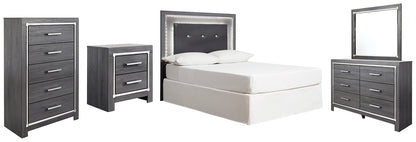 Lodanna Full Upholstered Panel Headboard Bed with Mirrored Dresser, Chest and Nightstand