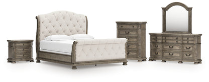Ardenfield California King Upholstered Sleigh Bed with Mirrored Dresser, Chest and Nightstand