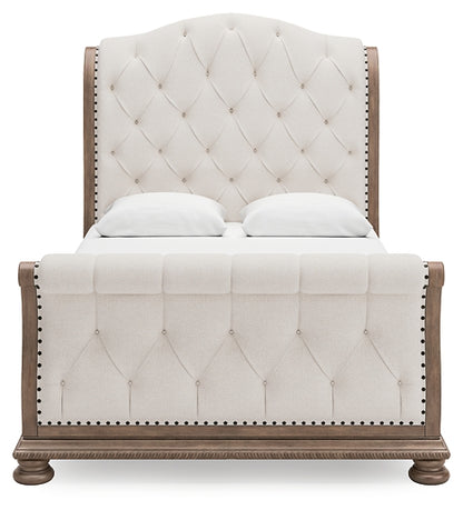 Ardenfield Queen Upholstered Sleigh Bed with Mirrored Dresser, Chest and Nightstand