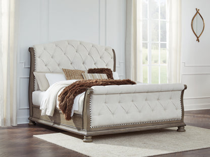 Ardenfield King Upholstered Sleigh Bed with Mirrored Dresser, Chest and Nightstand