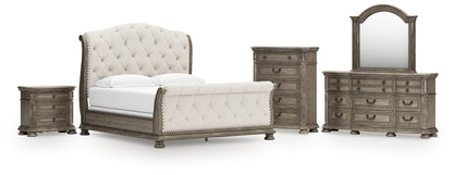 Ardenfield King Upholstered Sleigh Bed with Mirrored Dresser, Chest and Nightstand