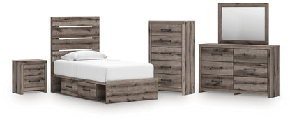 Graystorm Twin Panel Storage Bed with Mirrored Dresser, Chest and Nightstand