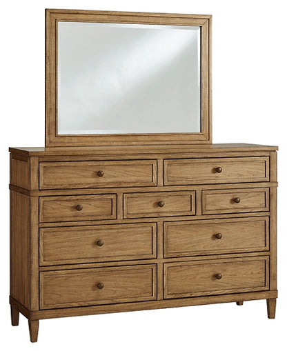 Sharlance California King Upholstered Panel Bed with Mirrored Dresser and Nightstand