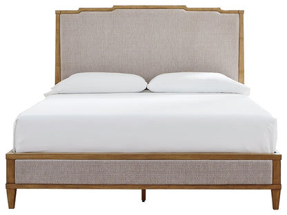 Sharlance California King Upholstered Panel Bed with Mirrored Dresser, Chest and Nightstand