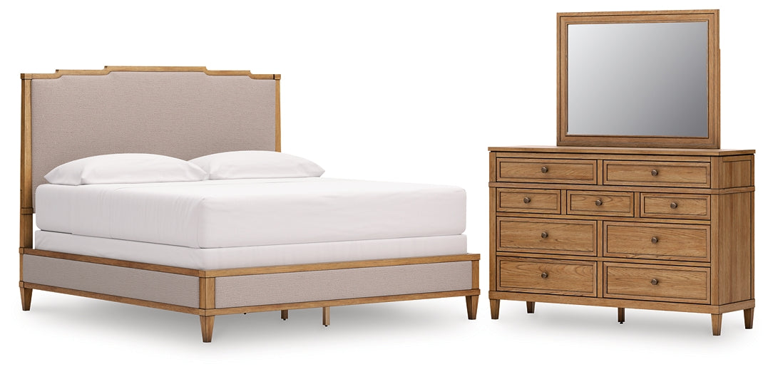 Sharlance King Upholstered Panel Bed with Mirrored Dresser