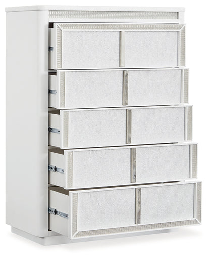 Chalanna California King Upholstered Storage Bed with Mirrored Dresser, Chest and Nightstand