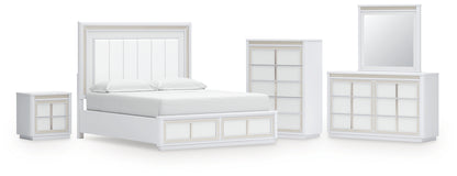 Chalanna California King Upholstered Storage Bed with Mirrored Dresser, Chest and Nightstand