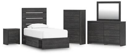 Hollivern Twin Panel Bed with Storage with Mirrored Dresser, Chest and Nightstand