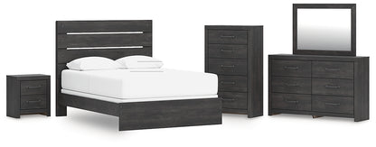 Hollivern Queen Panel Bed with Mirrored Dresser, Chest and Nightstand