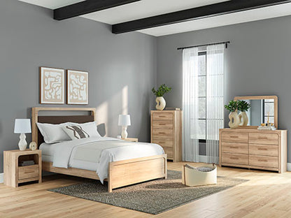 Kinlanni Queen Upholstered Panel Bed, Dresser and Mirror