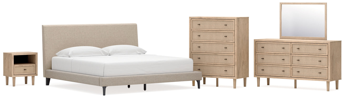 Cielden King Upholstered Bed with Roll Slats, Dresser, Mirror, Chest and Nightstand