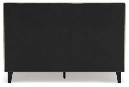 Cielden Queen Upholstered Bed with Roll Slats, Dresser and Mirror