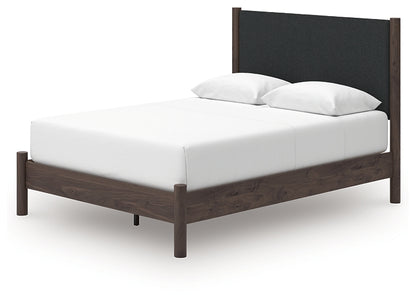 Pamytta Queen Upholstered Panel Platform Bed, Dresser and Mirror