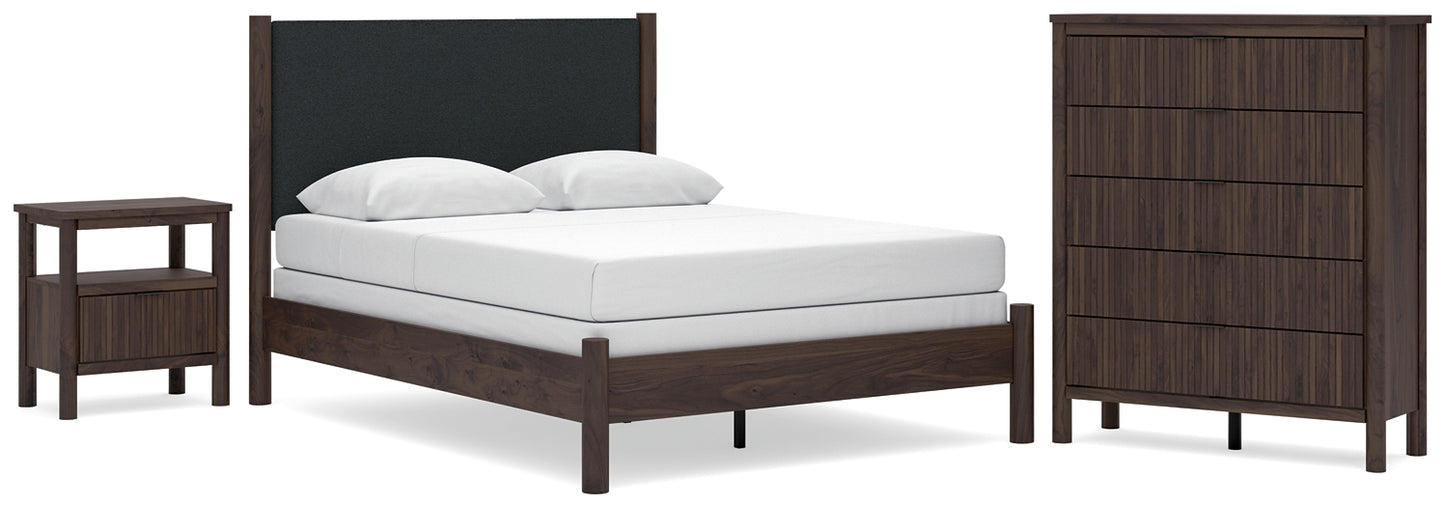 Pamytta Queen Upholstered Panel Bed, Dresser, Mirror and Nightstand