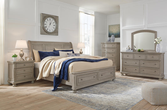 Lettner King Sleigh Bed with 2 Storage Drawers with Mirrored Dresser, Chest and Nightstand