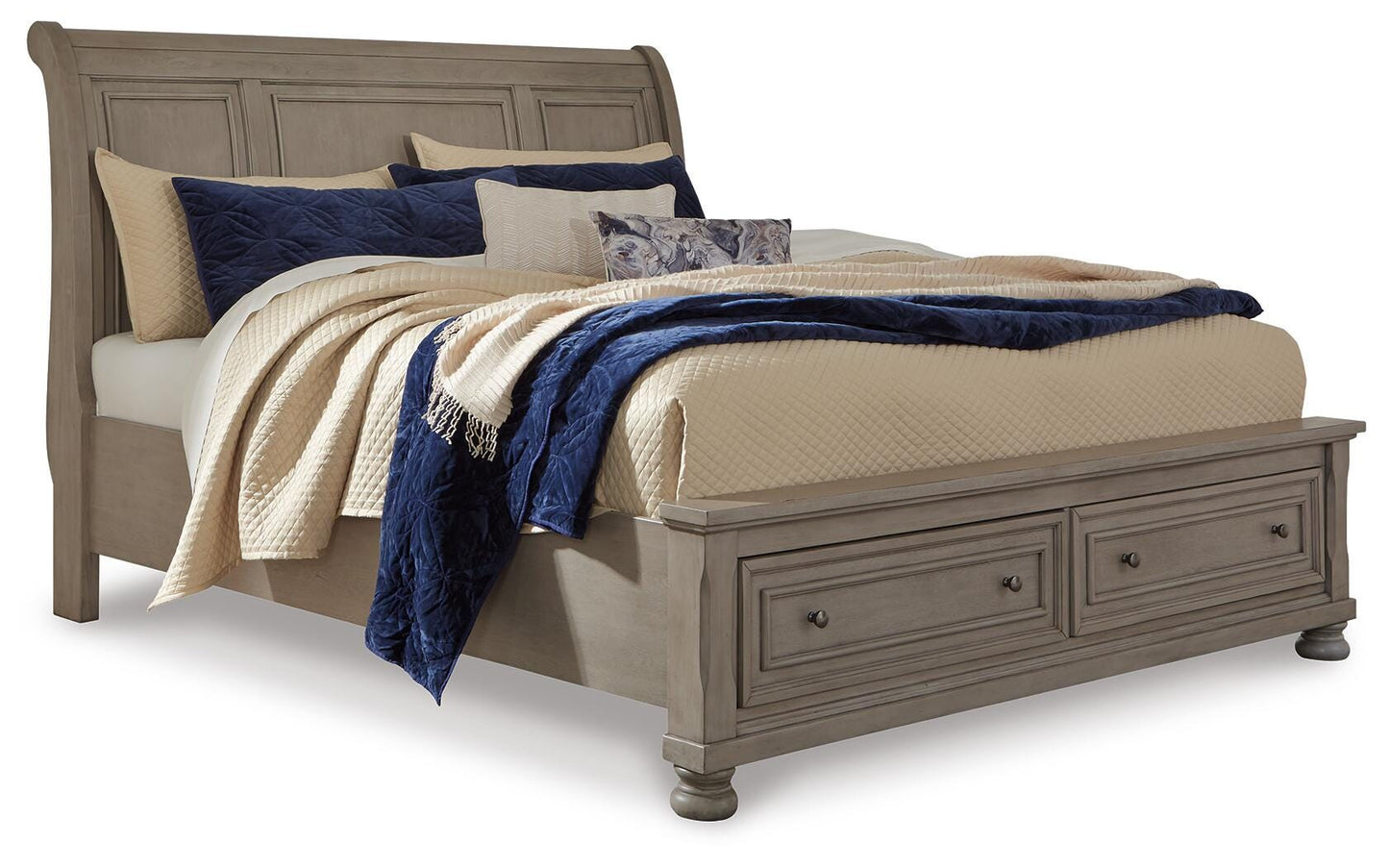 Lettner King Sleigh Bed with 2 Storage Drawers with Mirrored Dresser, Chest and Nightstand