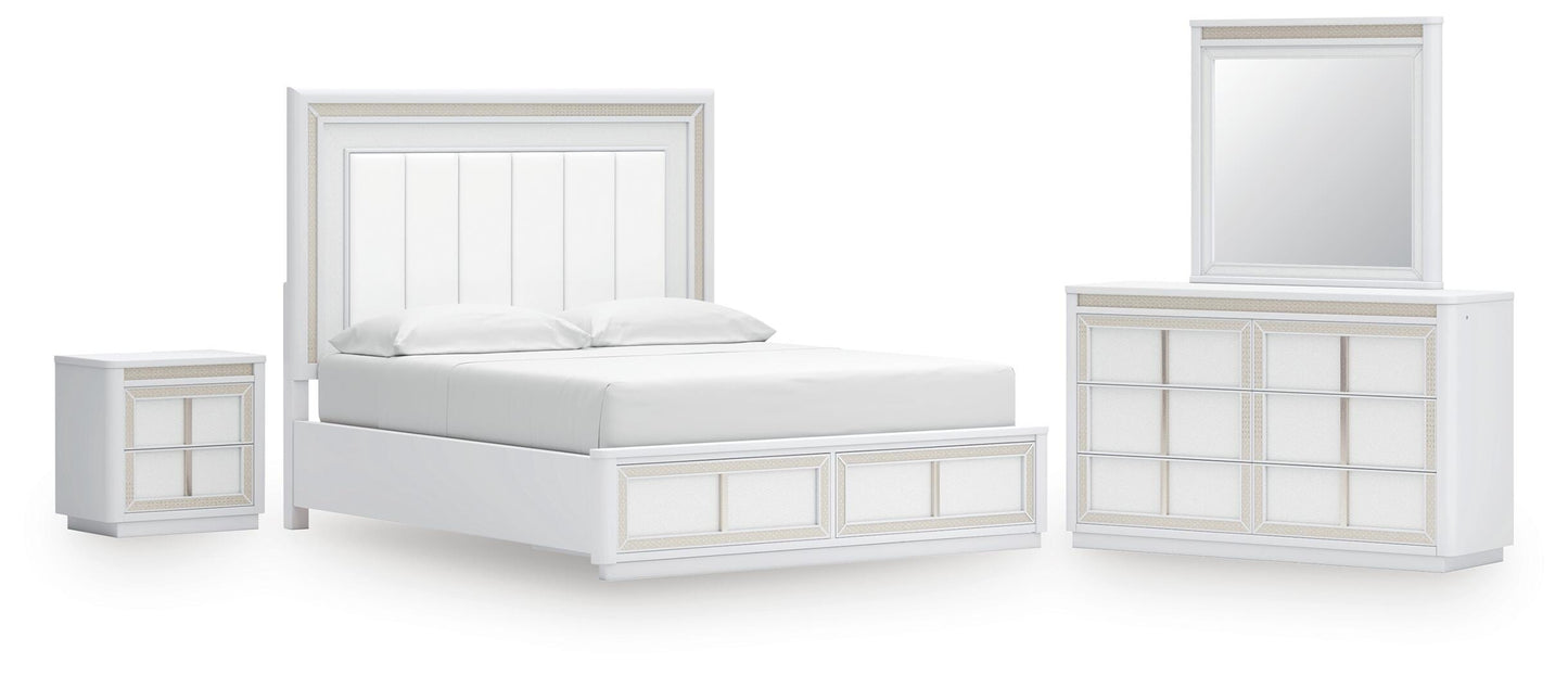 Chalanna California King Upholstered Storage Bed, Dresser, Mirror and Nightstand