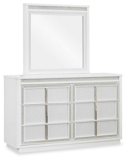 Chalanna California King Upholstered Storage Bed, Dresser, Mirror and Nightstand
