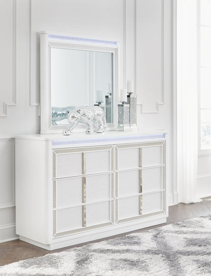 Chalanna California King Upholstered Storage Bed, Dresser, Mirror and Nightstand