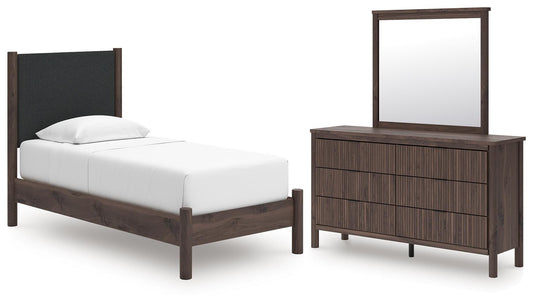 Pamytta Twin Upholstered Panel Platform Bed, Dresser and Mirror