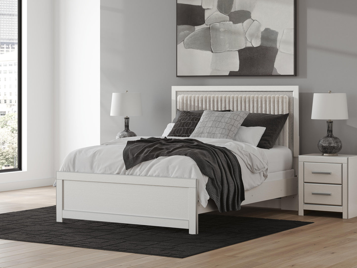 Zuraleus Queen Upholstered Panel Bed, Dresser, Mirror, Chest and Nightstand