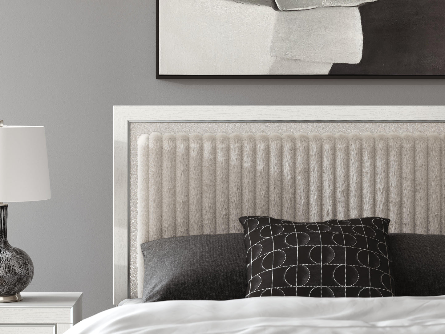 Zuraleus Queen Upholstered Panel Bed, Dresser, Mirror, Chest and Nightstand