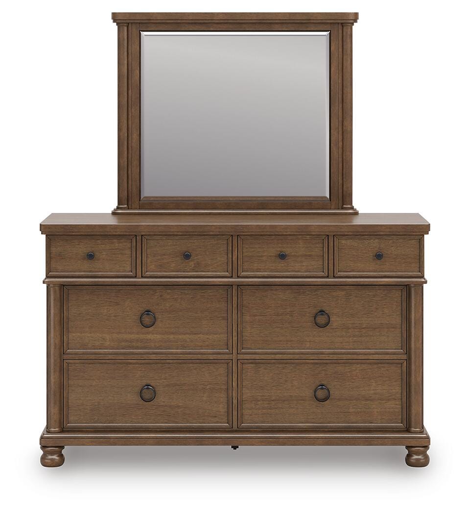 Rowlenstown California King Poster Bed with Mirrored Dresser and Nightstand